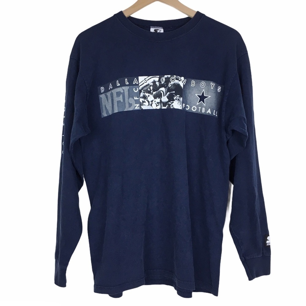 STARTER Cowboys Vintage T Shirt Dallas Long Sleeve Football NFL Navy Size Medium